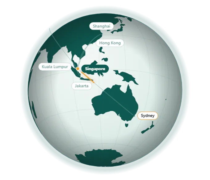 A teal globe with routes from six cities to Singapore
