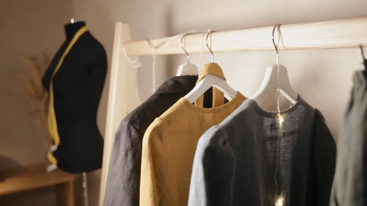 A tailor's dressmaking dummy beside a rail of jackets and shirts